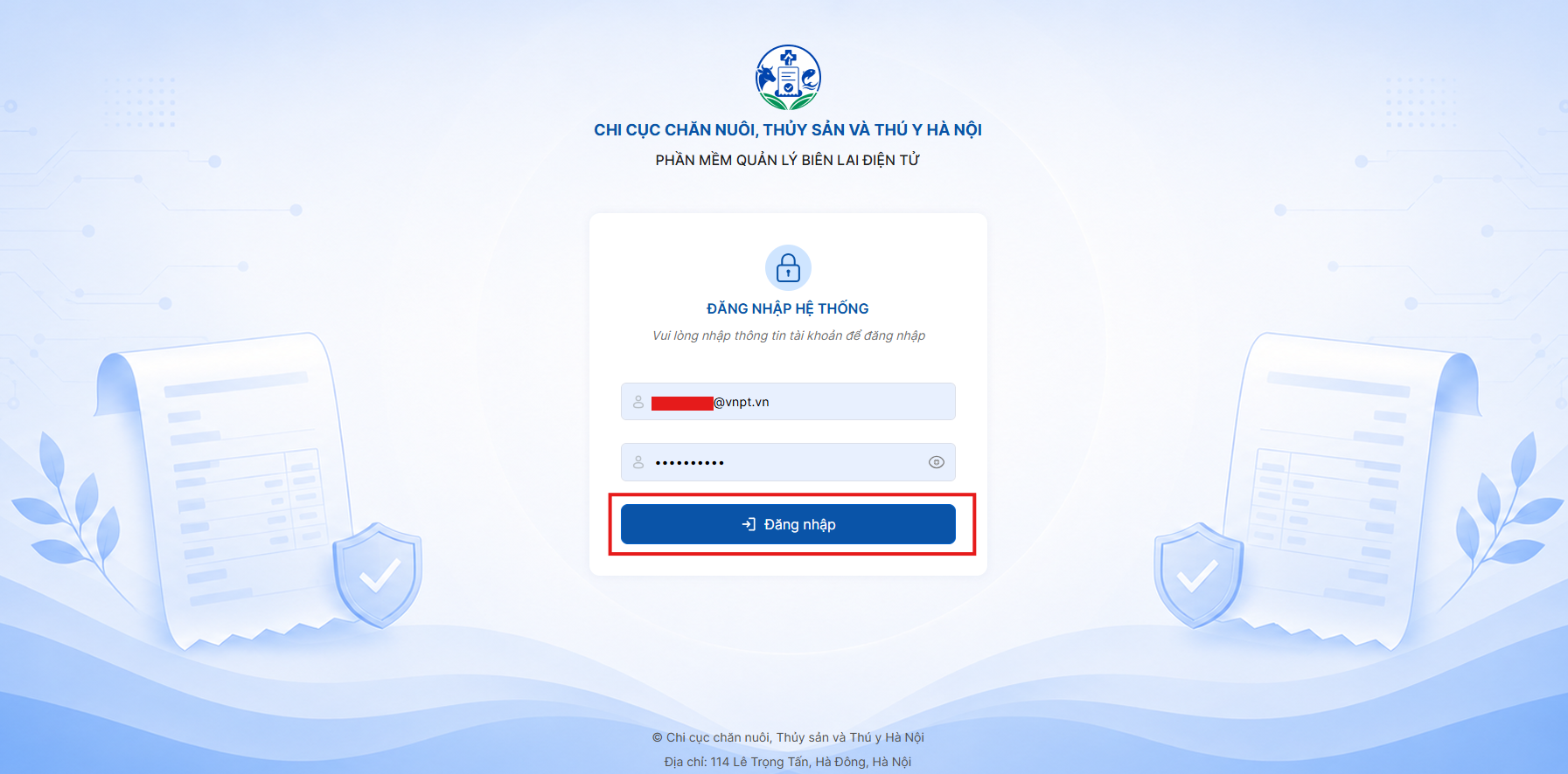 Màn hình đăng nhập hệ thống Kiểm dịch thú y